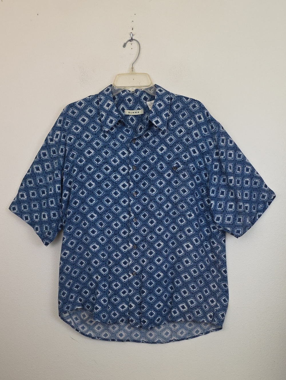 Summa Blue & White Batik Print Short Sleeve Rayon Shirt Men's L